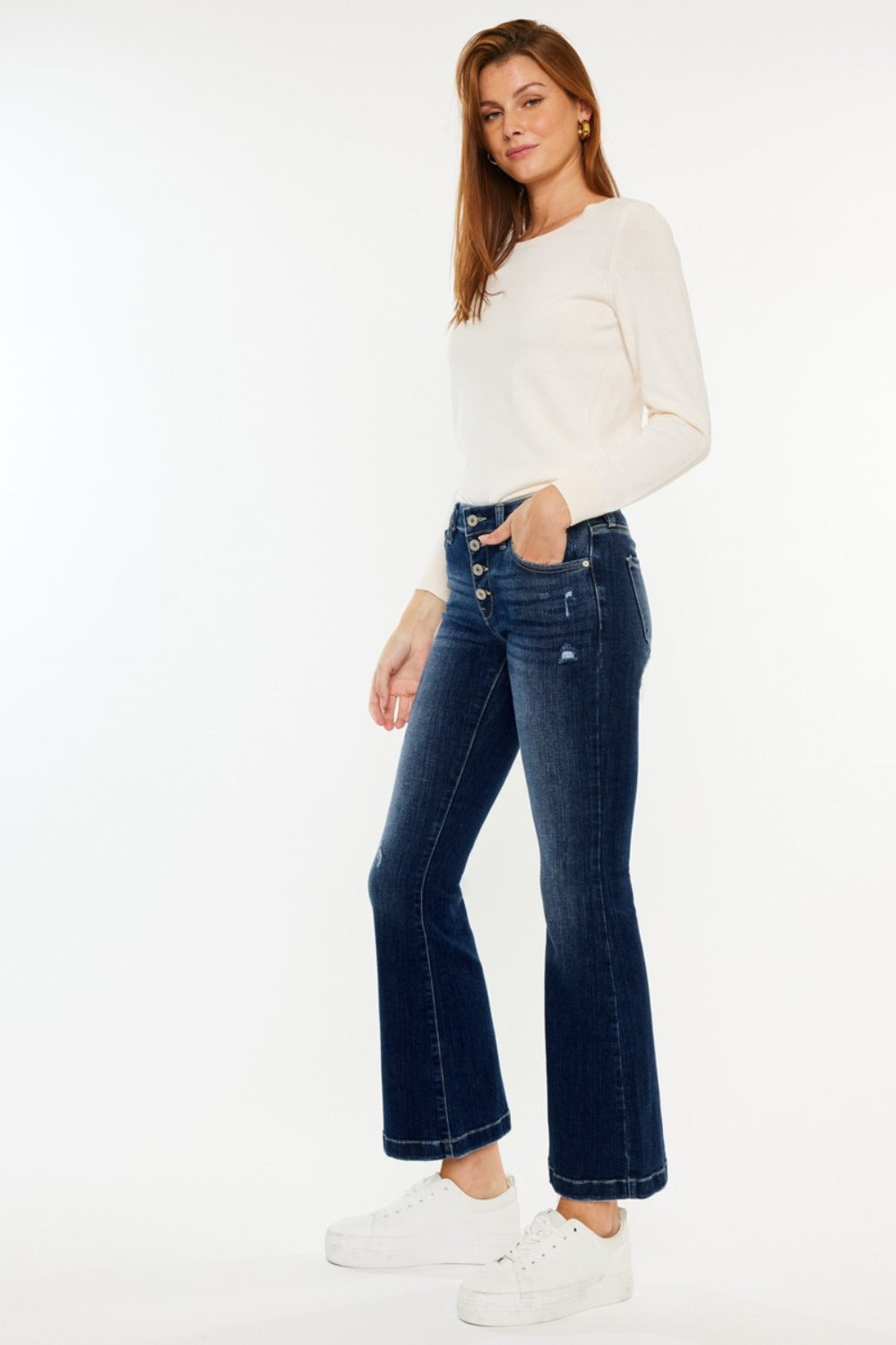 Kancan PETITE Mid Rise Button Fly Flare Jeans